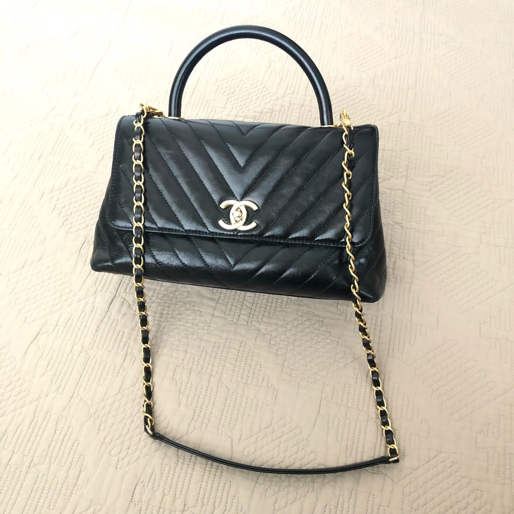 Chanel Coco Top Handle Chevron Iridescent Calfskin Leather flap small bag. $6700